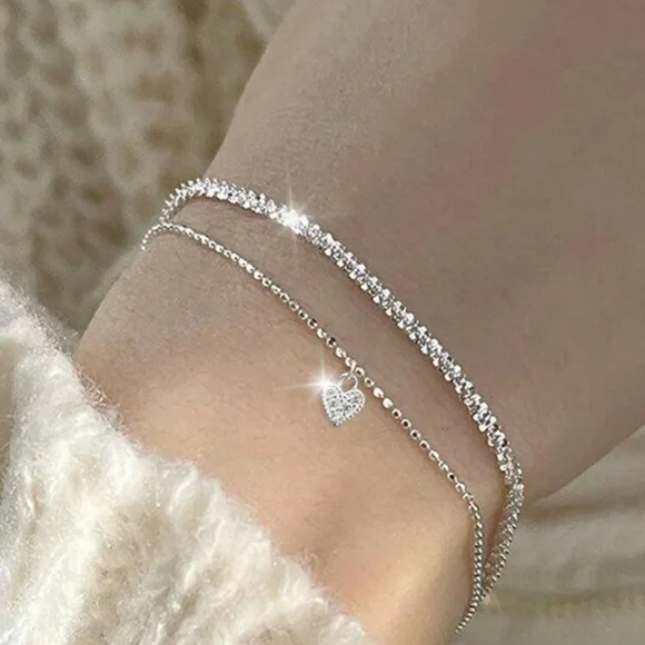 2pcs Bright Silver Heart Charm Bracelets For Women, Ideal For Vacation/dating - Picture 2 of 3